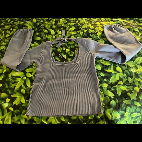 LULUS Keep Em Guessing Balloon Sleeve Rib Top, Dusty Blue, XL, NWT - Picture 10 of 11